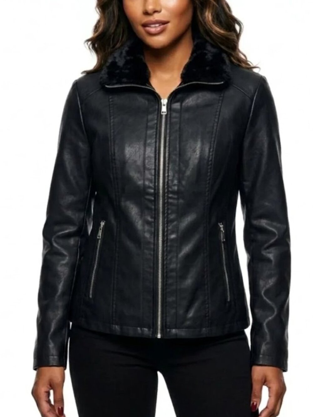 BACCINI Vegan Leather Fur Collar Jacket - Dark Academia Noir Biker Sz Large